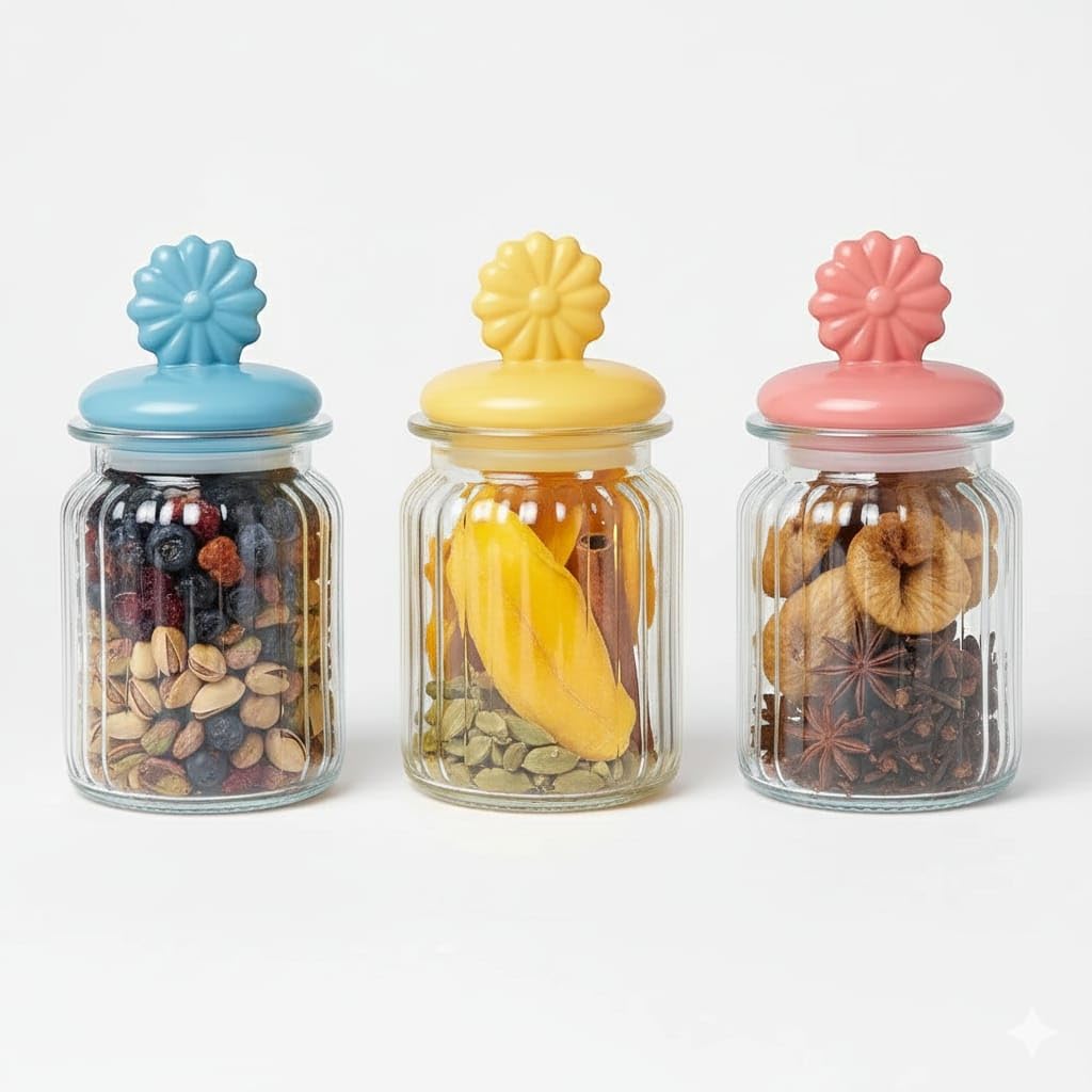 Glass Containers for Kitchen Set of 3 with Lid, Airtight Jars for Pickle Achar Masala Spices, Decorative Storage, Transparent (Set of 3)