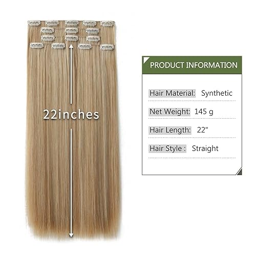 Miniatura 2 de HSPJHTM Extensiones de cabello con pinzas, extensiones de cabello sintético largo y liso con pinzas, mezcla de color castaño y rubio decolorado,