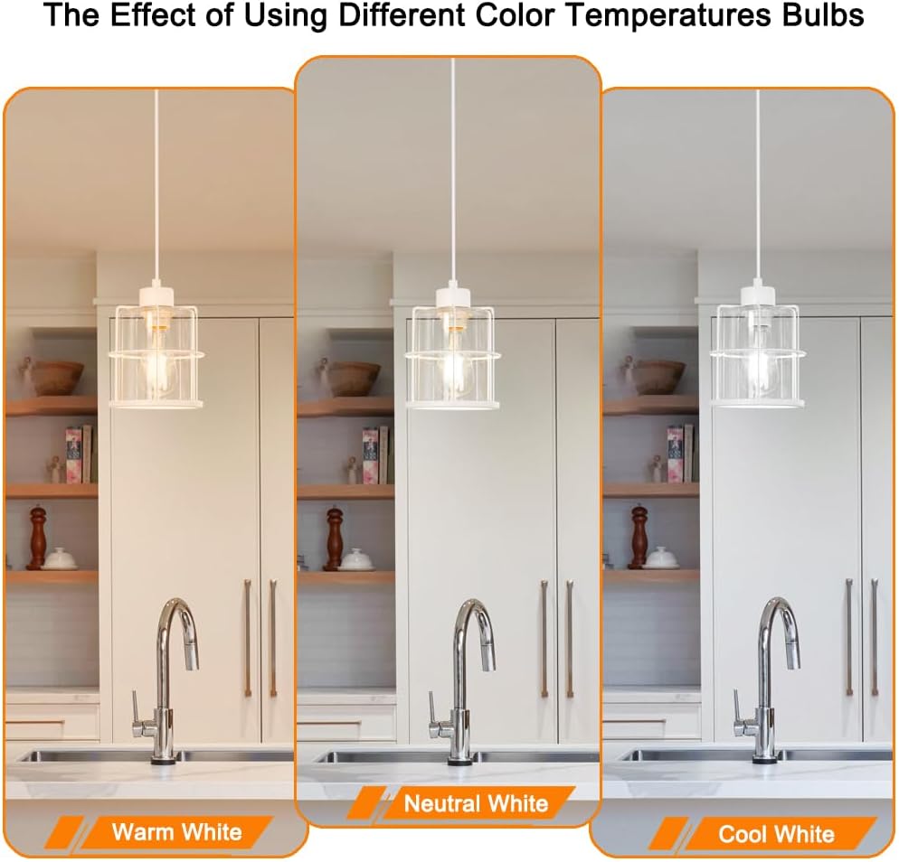 Modern White Industrial Pendant Light Fixtures Set of 2, Clear Glass Cage Pendant Light Kitchen Island, Adjustable Cord Hanging Light for Kitchen Island Decor, Over Sink Lighting Fixtures for Bathroom