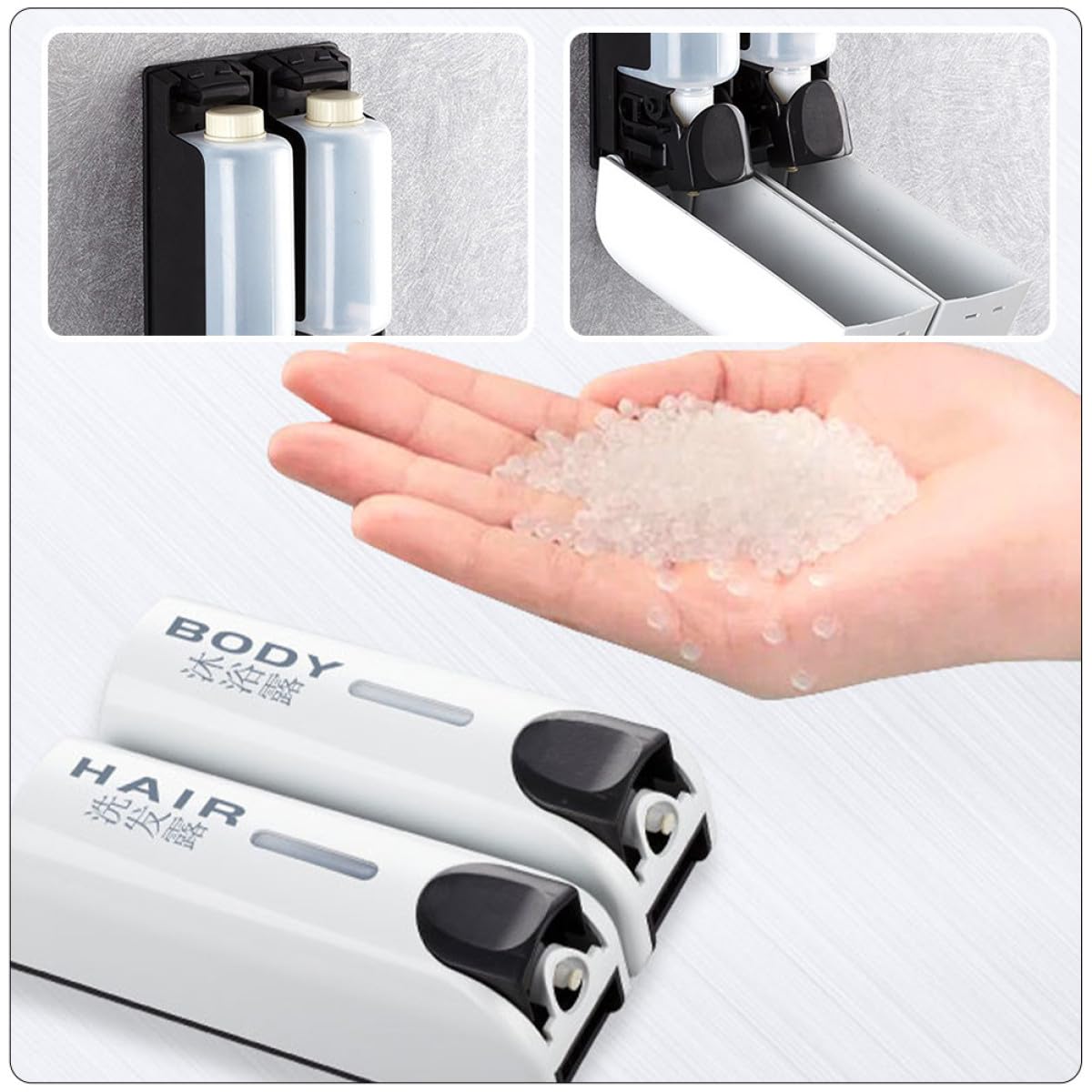 Dispensador de Jabón y Champú para Pared sin Perforación, Doble Cabezal de Color Claro con Texto, Botella Bomba Manual para Baño, Hotel y Cocina, Dispensador de Loción y Gel