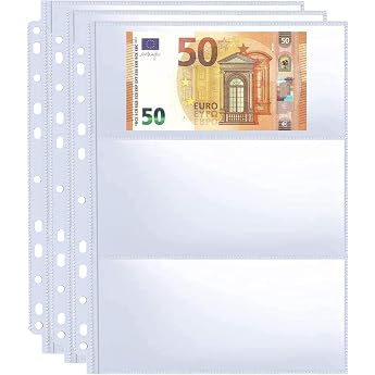 30 Pack 180 Pockets 11 Hole Banknote Sleeves Refill Page for Cash Collection Albums Double Sided Currency Sheets with 3 Pockets for Collecting Euro Paper Money Foreign Currency and Coupons