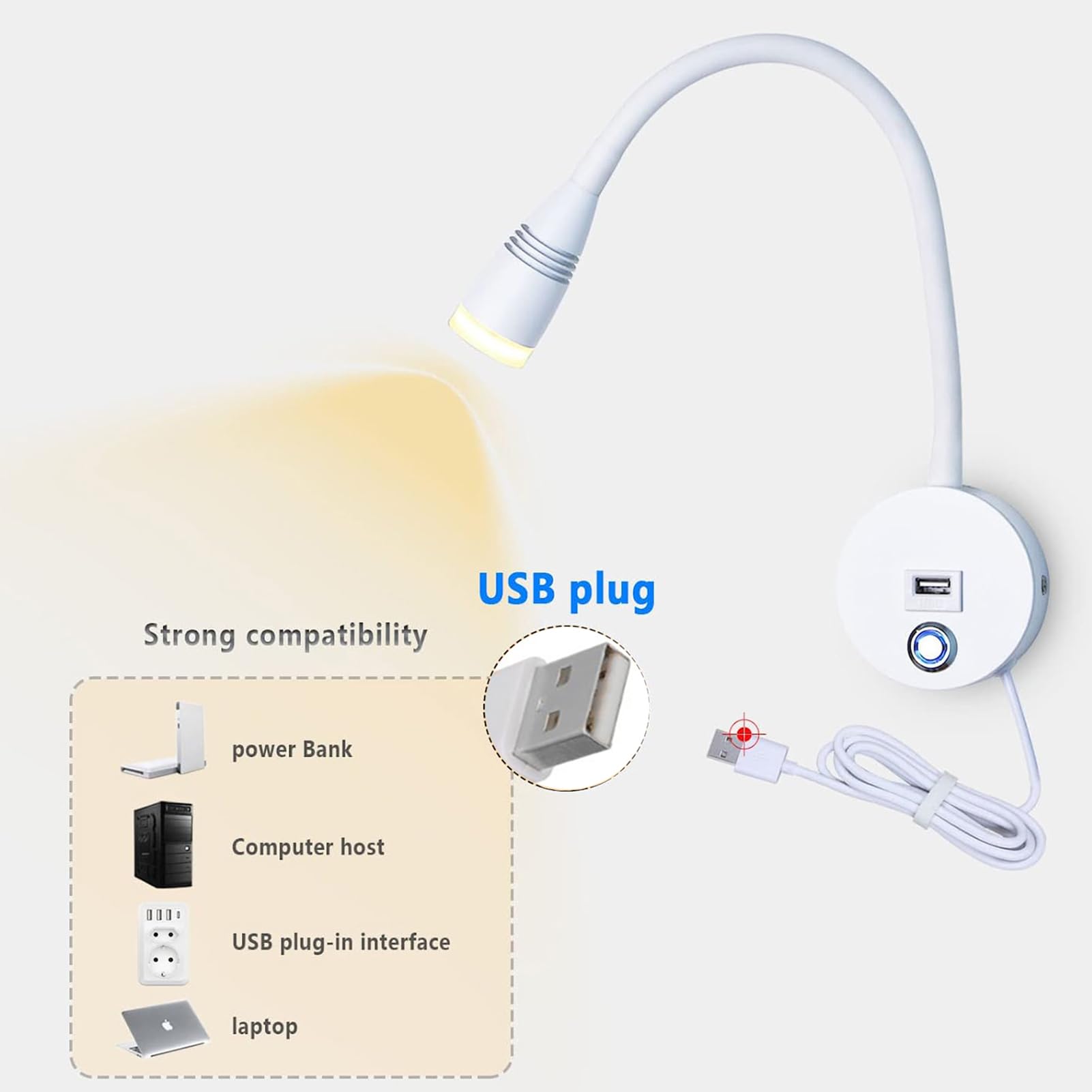 VOMI Leselampe Bett Wandmontage, LED Bettlampe Wand mit Schalter Touch Control 3 Farbtemperaturen Flexible Schwanenhals Lampe USB Ladeanschluss Drehbares Leselicht mit Ladegerät Kabel, 2 Stück Weiß