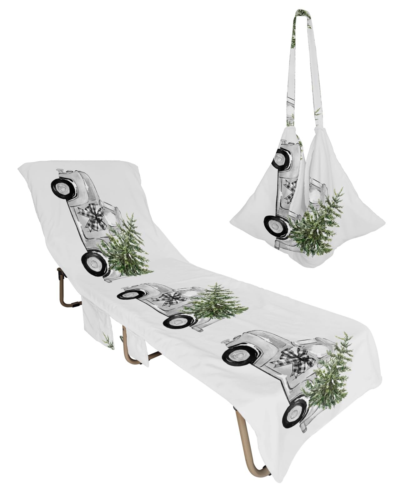 Christmas Beach Lounge Chair Towel Cover, Soft Chaise Lounge Towel with Side Pockets Patio Pool Chairs Cover for Beach/Pool Sunbathing 29x85 Grey Truck Green Xmas Tree Bow Knot