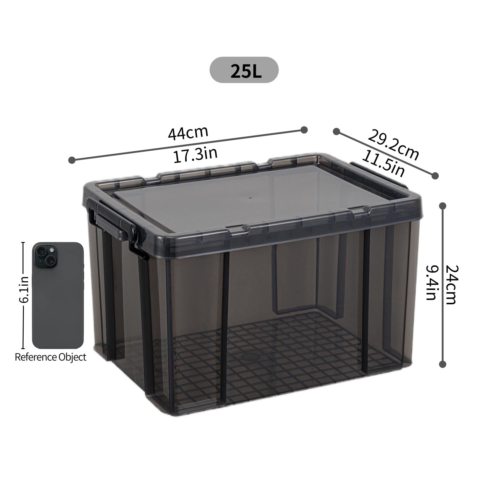 Cetomo 25L*3 Boîtes de rangement, boîte empilable avec couvercles, contenant robuste avec coins renforcés, côtés verticaux et verrouillage à pression, durable, en plastique, Noir clair,25L - lot de 3