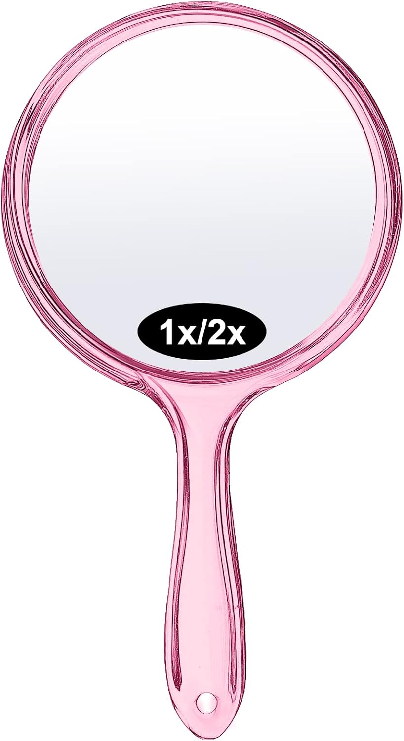 AMMON Handheld Mirror with Handle Double Sided Makeup Mirror 1X/ 2X Magnifying Mirror Portable Clear Rounded Shape Travel Hand Mirror (Clear)