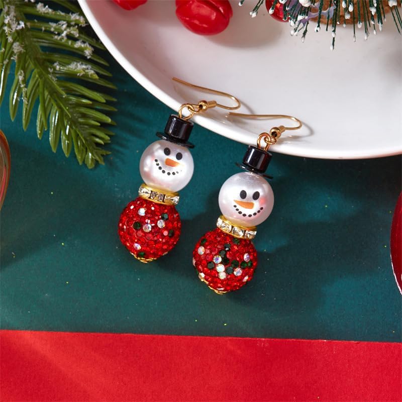 Snowman Earrings for Women Dainty Crystal Snowman Dangle Earrings Red Green Christmas Pearl Earrings Christmas Holiday Jewelry Gifts Costume Accessories - Image 4