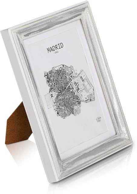 Antic by Casa Chic Solid Wood Shabby Chic Photo Frame 5x7 inch Frame Glass Front With Picture Mount for 6x4 inch Photo 1 Frame 2 Centimetre Edge Width Distressed Silver and White