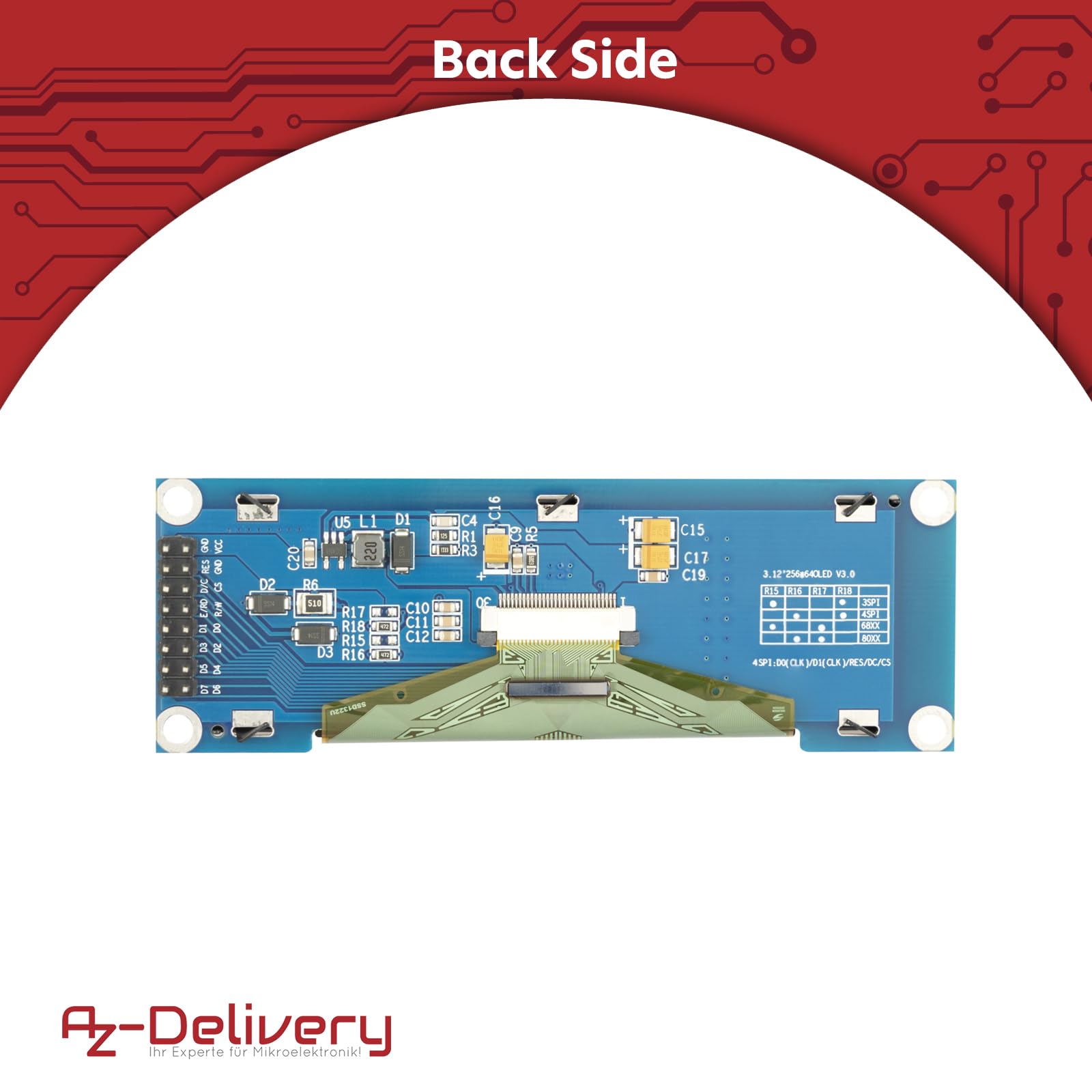 AZDelivery Wyświetlacz OLED 3,12" 256 x 64 z kontrolerem SSD1322, obsługa SPI, kompatybilny z ESP32S3, Arduino Giga i SSH1106, niebieski