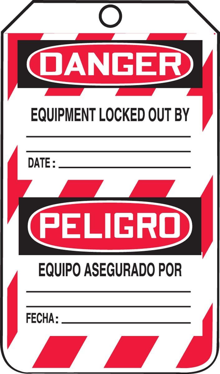 Accuform signos tsp105ctp español bilingüe bloqueo etiqueta, leyenda "peligro no funcionar equipo de bloqueo/Peligro no ponga en funcionamiento equipo bloqueado," 5.75 "Longitud x 3,25" Ancho x 0,01 cm de grosor, pf-cardstock, rojo/negro sobre blanco (25