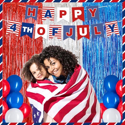 Image of 4th of July Patriotic Decorations, Red White Blue Decorations, 3 Pack Tinsel Foil Fringe Curtains, Banner for Patriotic Party Indoor Outdoor