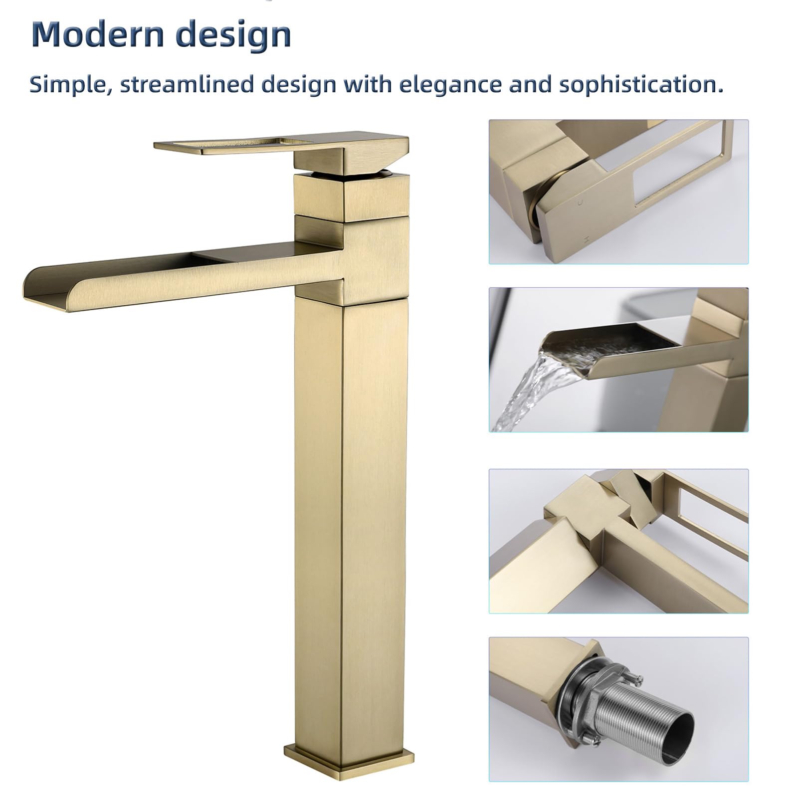 Robinet Lavabo Haut, Robinet Salle Bain Cascade, Mitigeur Lavabo Rotatif 360°, Mitigeur pour Vasque, Réglable Chaud et Froid, Or Brossé, 6M4OK-T