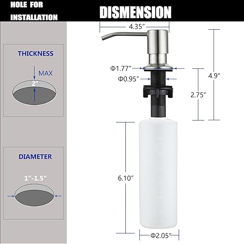 Miniatura 6 de Dispensador de jabón para fregadero de níquel cepillado, dispensador de jabón para fregadero de cocina, recambio de acero inoxidable de The Top
