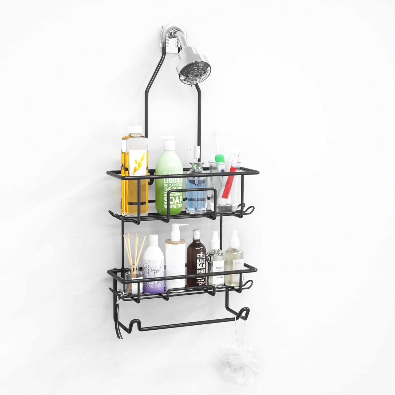 TreeLen Shower Caddy Hanging over Shower Head with 10 Hooks for Razor Large Shampoo Holder Shower Hanger Rack Bathroom Organizer- (Black, 11.8x4.1x24.8)