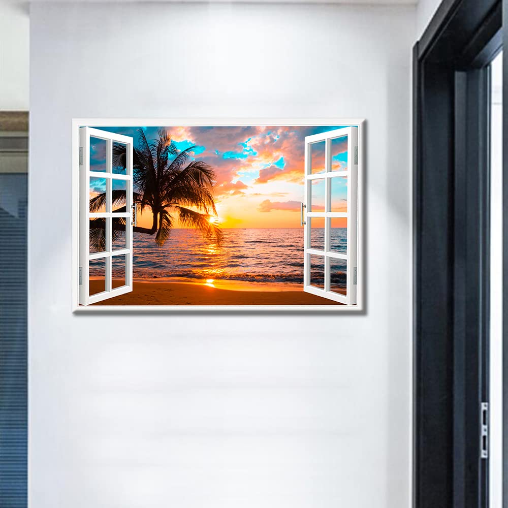 TISHIRON 3D Window Effect Coconut Palm Trees Beach Sunset Canvas Wall Art Painting for Bedroom Living Room Modern Framed Artworks Decorative Bathroom Kitchen Home Decor 16x24 inch - Image 3