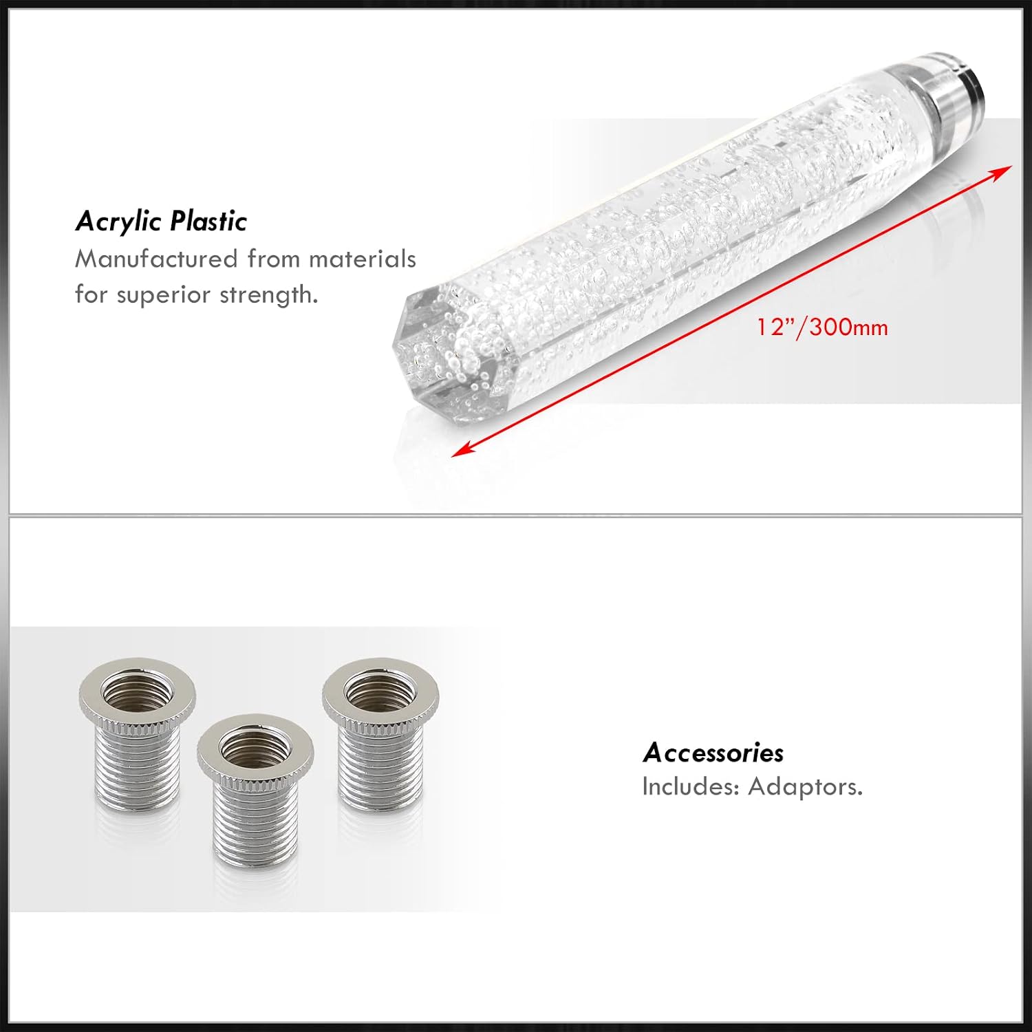 AJP Distributors M8 M10 M12 x 1.25 / M10 x 1.5 Thread Universal 12" 300mm Bubble Style Shift Knob, M8x1.25 M10x1.25 M10x1.5 M12x1.25 JDM VIP M/T Manual Stick Gear Lever Screw On Adapter Nut Clear