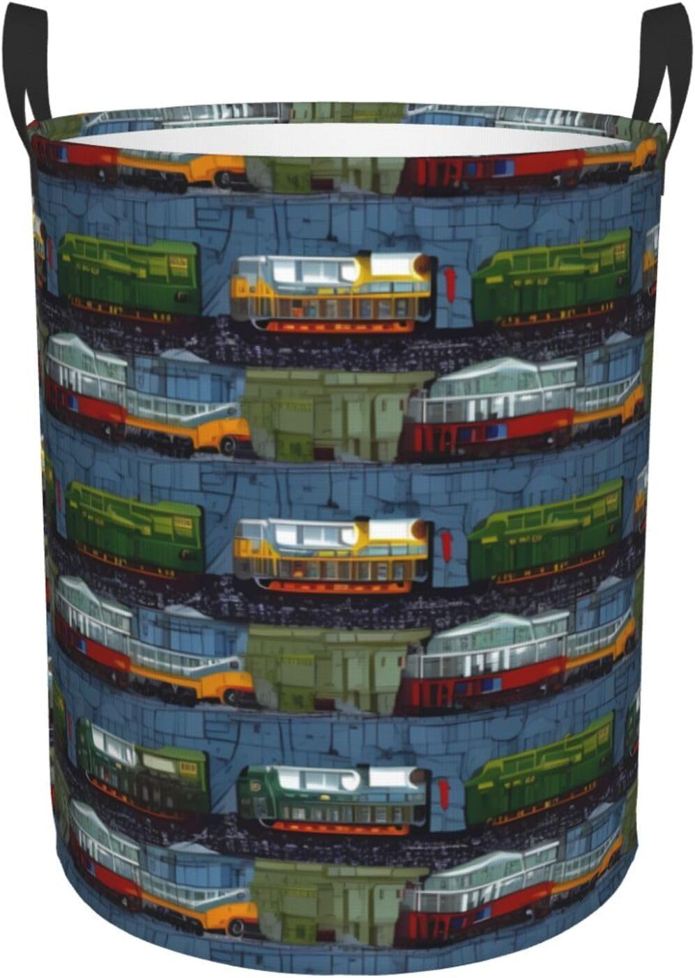train Cars print Circular Hamper Waterproof Storage Bin Organizer Basket Laundry Hamper With Handles For Clothes Toys Medium