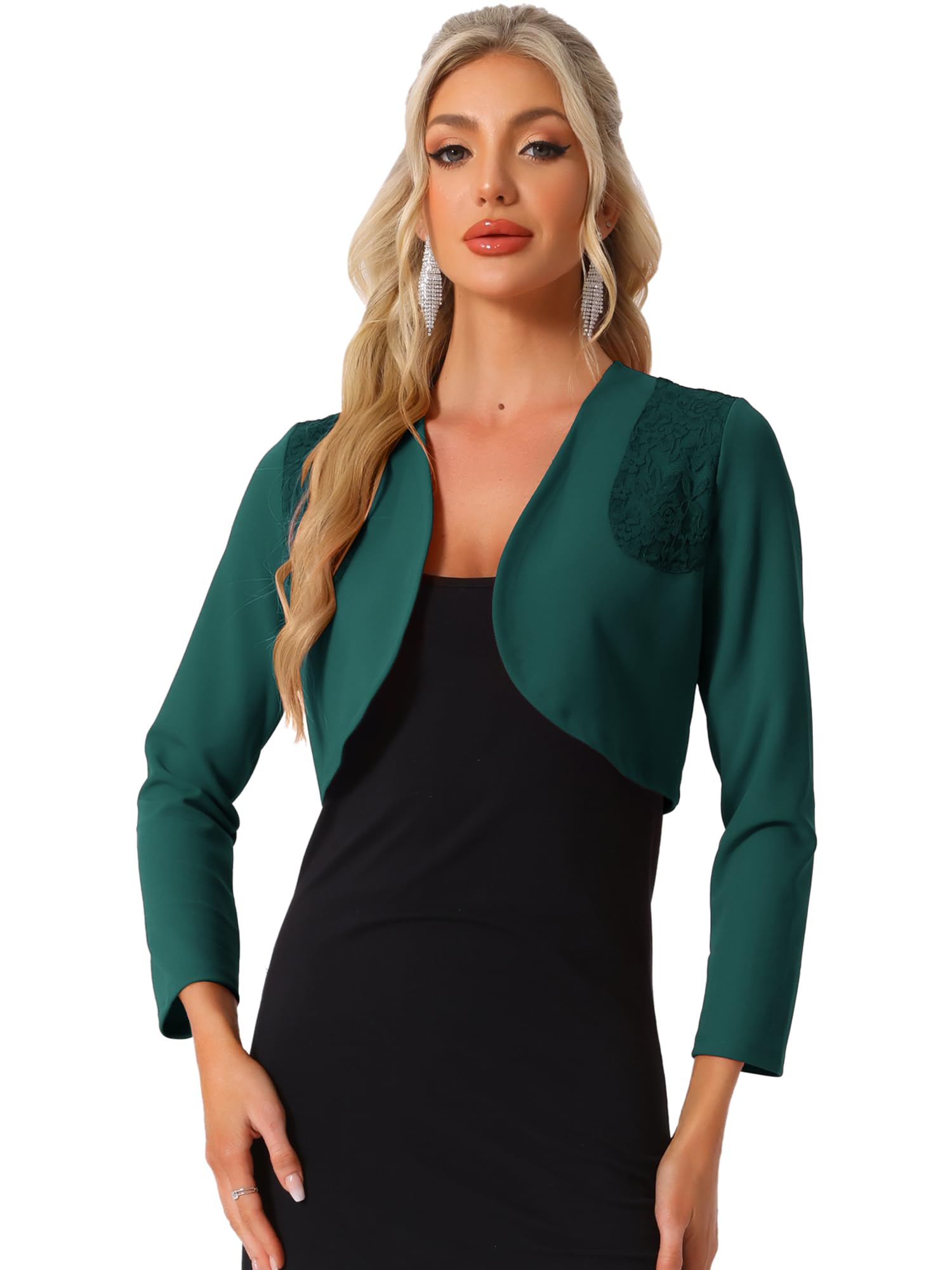 Allegra K Boléro élégant pour femme avec empiècement en dentelle pour le bureau d'affaires ouvert sur le devant, vert foncé, Taille M