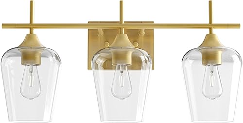VONLUCE Lámpara de tocador dorada de 3 luces sobre espejo, lámpara de baño de latón moderno con cristal transparente, iluminación de tocador dorada
