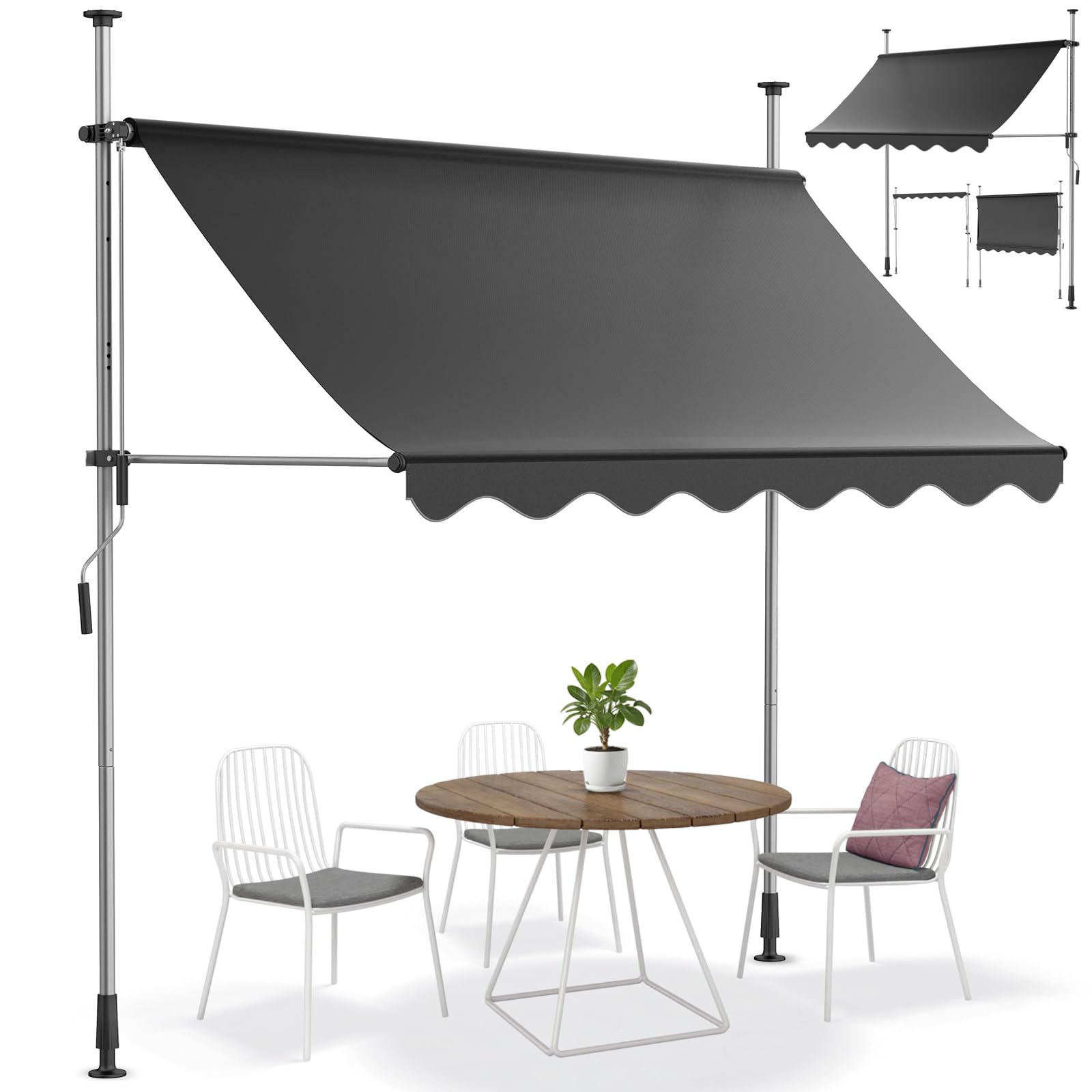 Store Balcon Store Banne Manuel Store Exterieur sans Percage, Résistant aux UV, Réglable en Hauteur, Hydrofuge, protège du Soleil, Toit de terrasse (250x120cm, Anthracite)