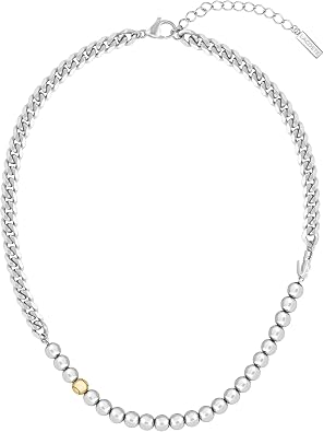 Lacoste Orbe Womens Steel Bead with Chain Necklace Jewelry, Minimalist, Day to Night Elegant Look