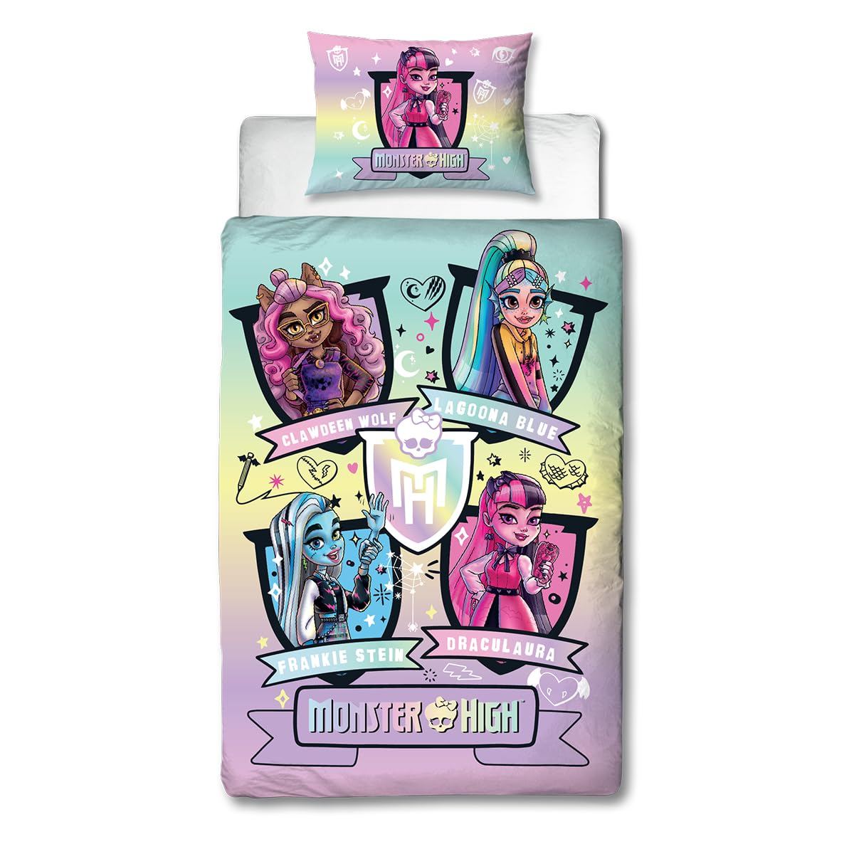 Character World Monster High oficjalnie licencjonowany zestaw poszewek na kołdrę z motywem dzikiego designu, dwustronna, 2-stronna pościel dla lalek z pasującą poszewką na poduszkę, idealna do