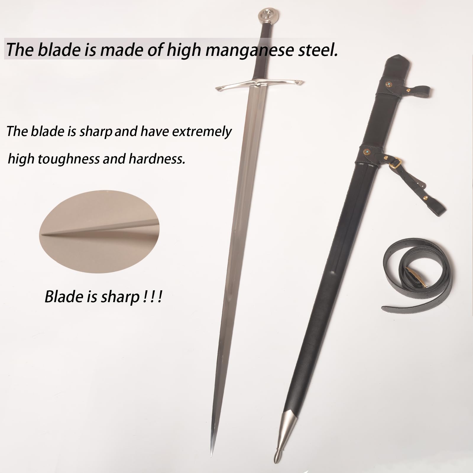 Mittelalterliches schwarzes westliches Schwert mit scharfer Klinge aus Manganstahl Echtes Schwert Mit Gürtel geliefert Gesamtlänge 51,18 Zoll Für Ausstellung, Geschenk, Sammlung