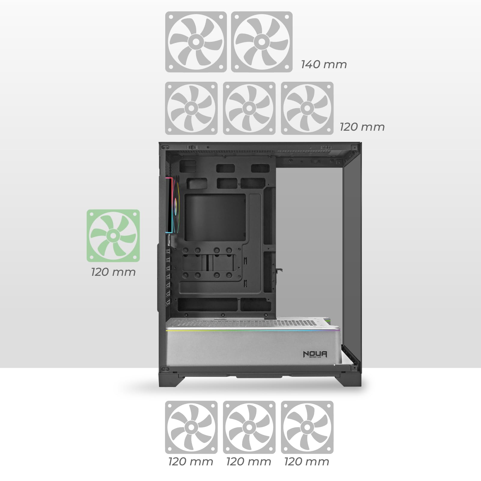 Noua Utopia FS100, Case Gaming ATX, Triplo Vetro Temperato Continuo Senza Cornici, Ventola ARGB e Strip LED ARGB, Supporto Raffreddamento Liquido fino a 360mm, Silver