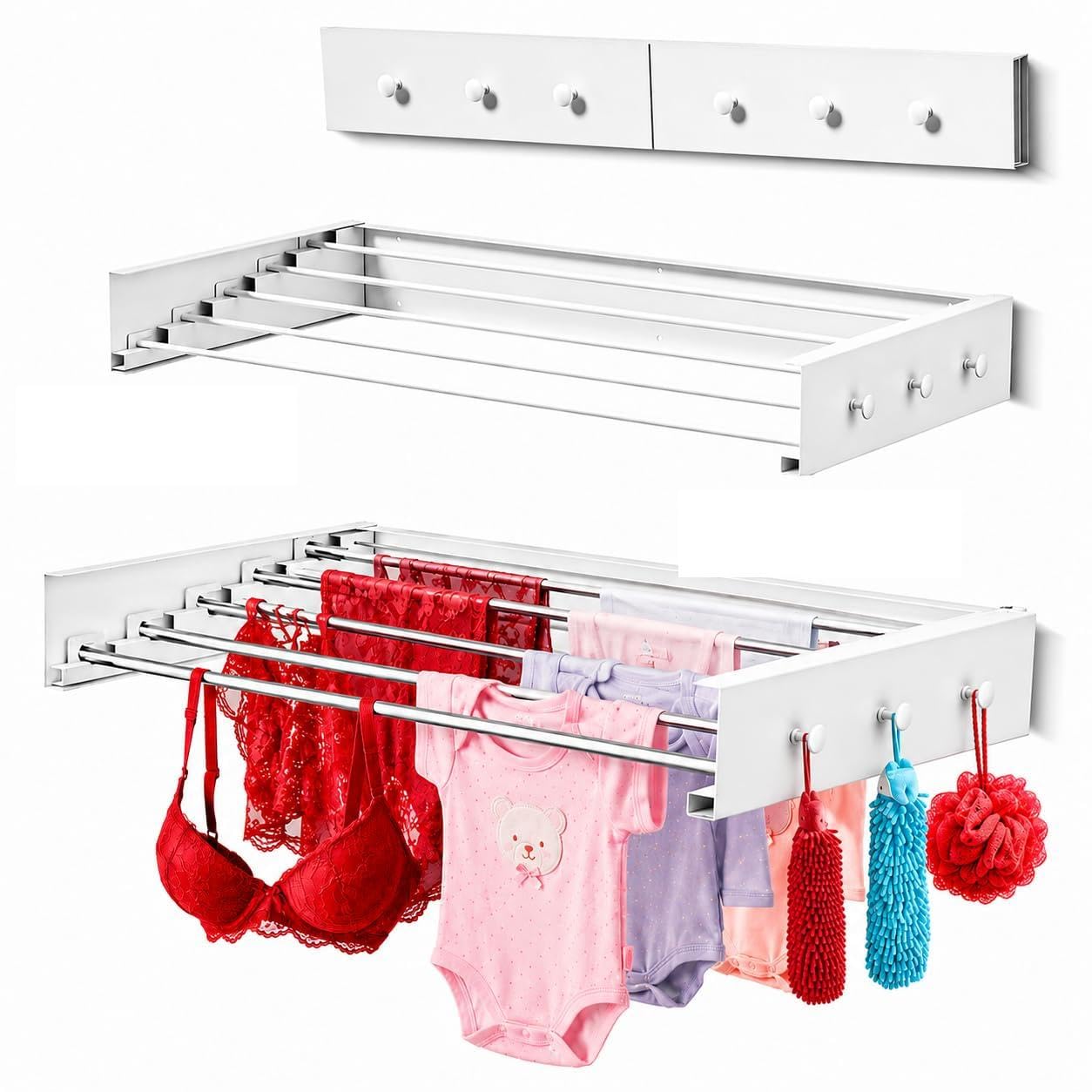 Photo 1 of Wall Mounted Clothes Drying Rack - 31.5" Foldable Clothes Drying Rack Wall Mount, 5 Steel Rods With Knobs, Retractable Space-Saving Laundry Rack, Heavy Duty 60 lbs Capacity (Wall Template Included)