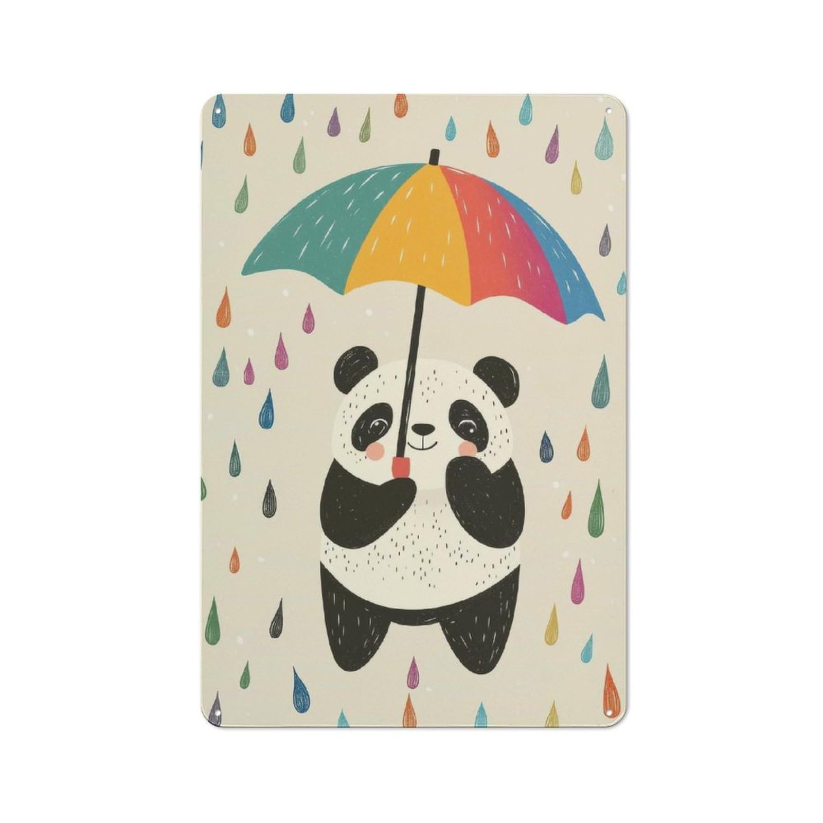Junmoney Panda With Umbrella In Rain Tin Wall Sign With Design 30X20cm, Classic Diner Style Decor For Bakery, Diner, Cafe Or Family Room