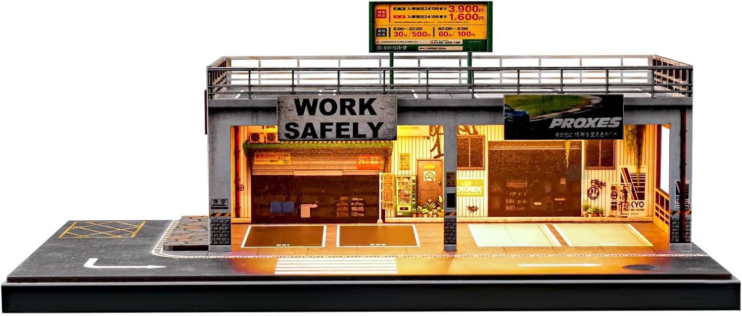 kivmcds 1/64 Hot Die Cast Wheel Display Case,Car Model Display Stand for Matchbox Cars,Miniature Parking Lot with Lighting (Two-Level Parking Workshop)