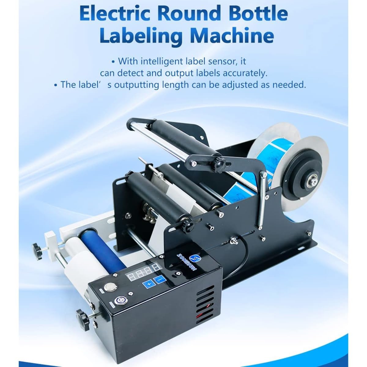 Etichettatrice elettrica semiautomatica per bottiglia rotonda, applicatore di etichette da 15-120 mm, 15-30 pezzi/min, adatto a vetro plastica metallo