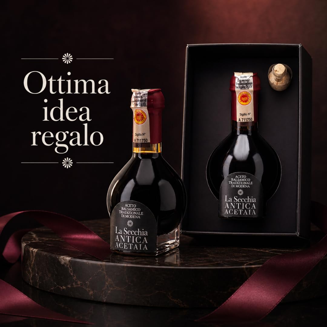 La Secchia - Aceto Balsamico Tradizionale di Modena DOP "Affinato", Invecchiato Almeno 12 Anni, Bottiglia 100 ml con Tappo Dosatore in Vetro Soffiato, Confezione Regalo