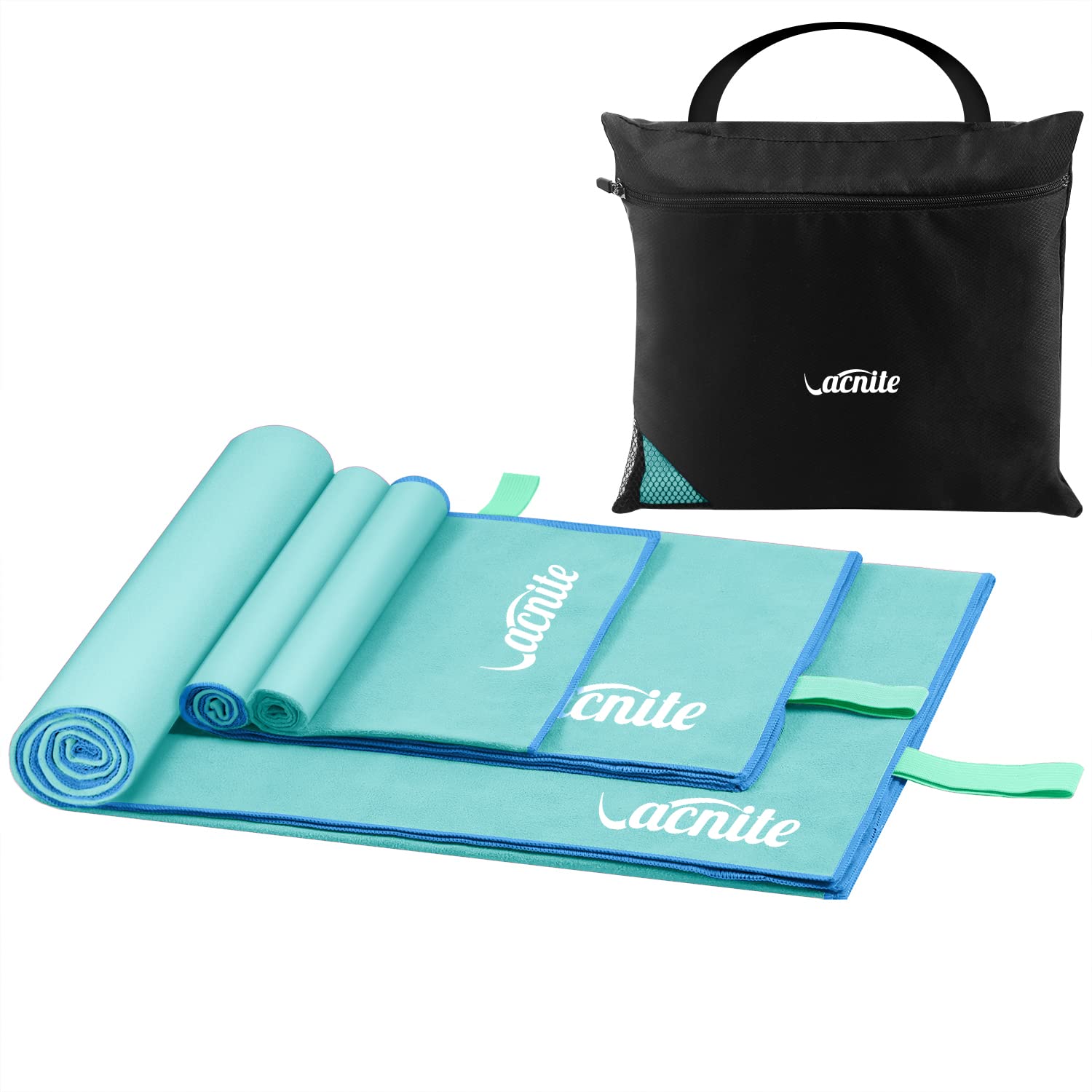 VACNITEMicrofibre Towel Set, 3 Sizes (152 x 80 cm, 80 x 38 cm, 38 x 38 cm), Quick-Drying, Absorbent, Lake Blue