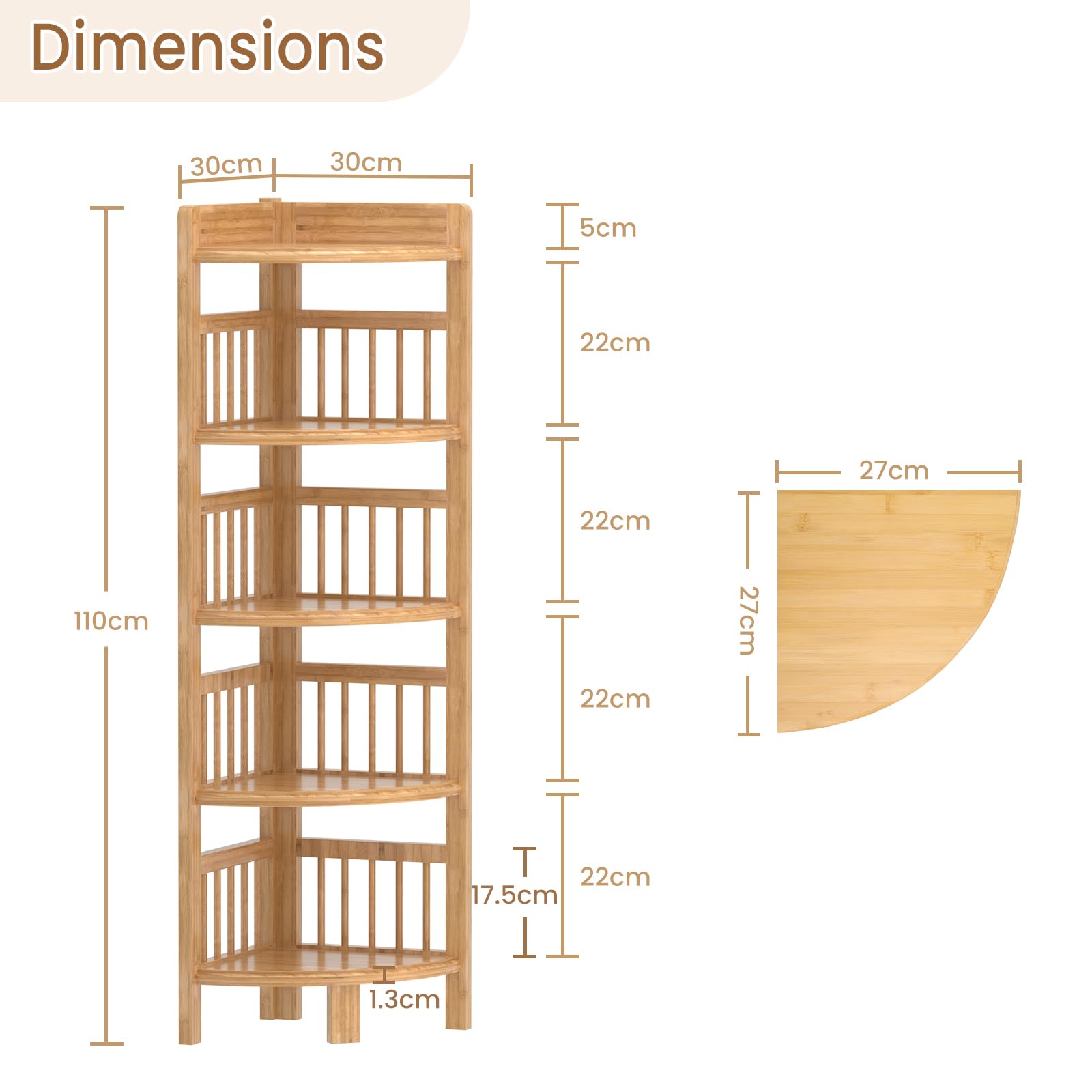 Dripex Estantería para Esquina, de Bambú, Revestimiento de Barniz, Estable y Durable, Mueble Esquinero para Cualquier Habitaciones, 30 x 30 x 110 cm