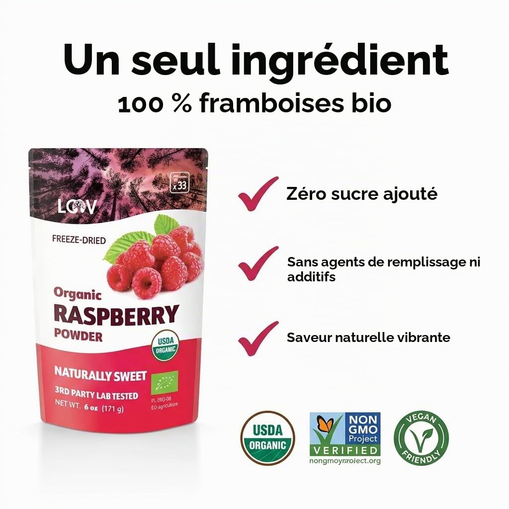 Poudre de framboise bio LOOV, produite à 100% de framboises entières, Framboises lyophilisées et réduites en poudre, 170 g, crue, produite en Europe, portions pour 24 jours, aucun sucre ajouté