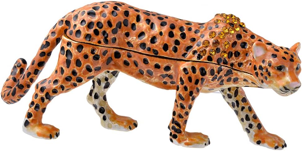 Golden Crystal Enameled Leopard Jewelry Box, Hand-Painted Hinged Jaguar Trinket Box, Elegant Home Décor & Unique Gift for Animal Lovers