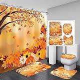 Yddsky Fall Thanksgiving Day 4Pcs Autumn Pumpkin Maple Tree Leaves Shower Curtain Set with Non-Slip Rug Toilet Lid Cover and Bath Mat Shower Curtain with 12 Hooks Waterproof Fall Decor