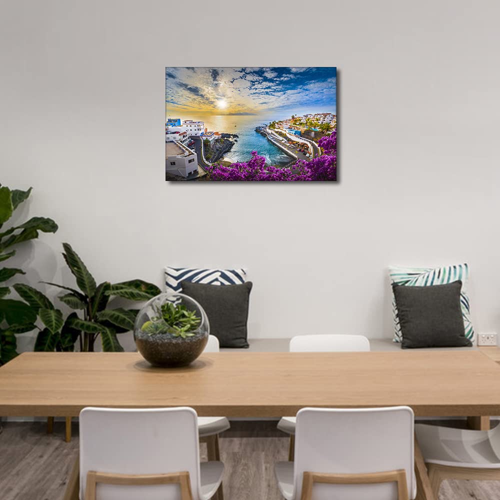 1 Panel European Coastal Towns Wall Art Decor Large Canvas Print Picture Sunset Scenery Modern Painting Artwork for Office Wall Decor Home Decoration Stretched and Framed Ready to Hang 16x24inch - Image 2
