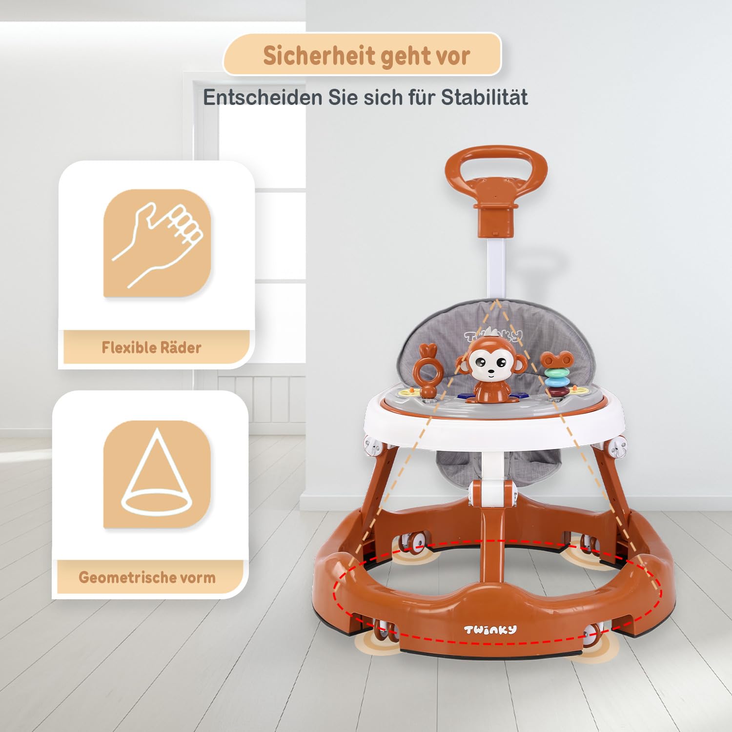 Twinky® Lauflernwagen mit Spielset & Bodenmatte - Robuste 4-fach verstellbare Vorschul-Lauflernhilfe - Ideal als Gehhilfe für die ersten Schritte Ihres Kleinen (Braun)