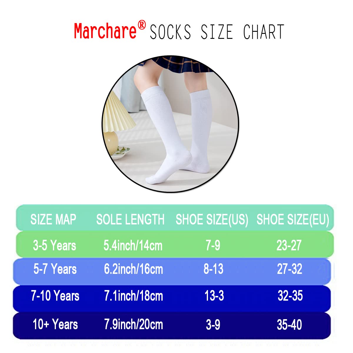 Marchare Calcetines hasta la rodilla para niñas, uniformes escolares, calcetines de algodón sin costuras, color blanco, negro y gris, paquete de 3/6