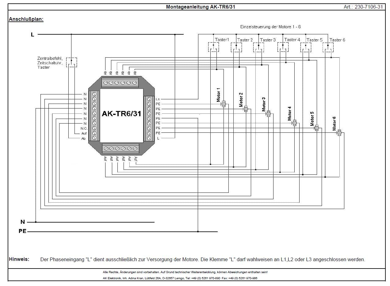 AKTRONIK Trennrelais UP für 6 Rollladen, Jalousien, Automatisch, 10A, 1A, 230V AC, Relais, Rolladen- und Jalousie-Relay, Art. 230-7106-31