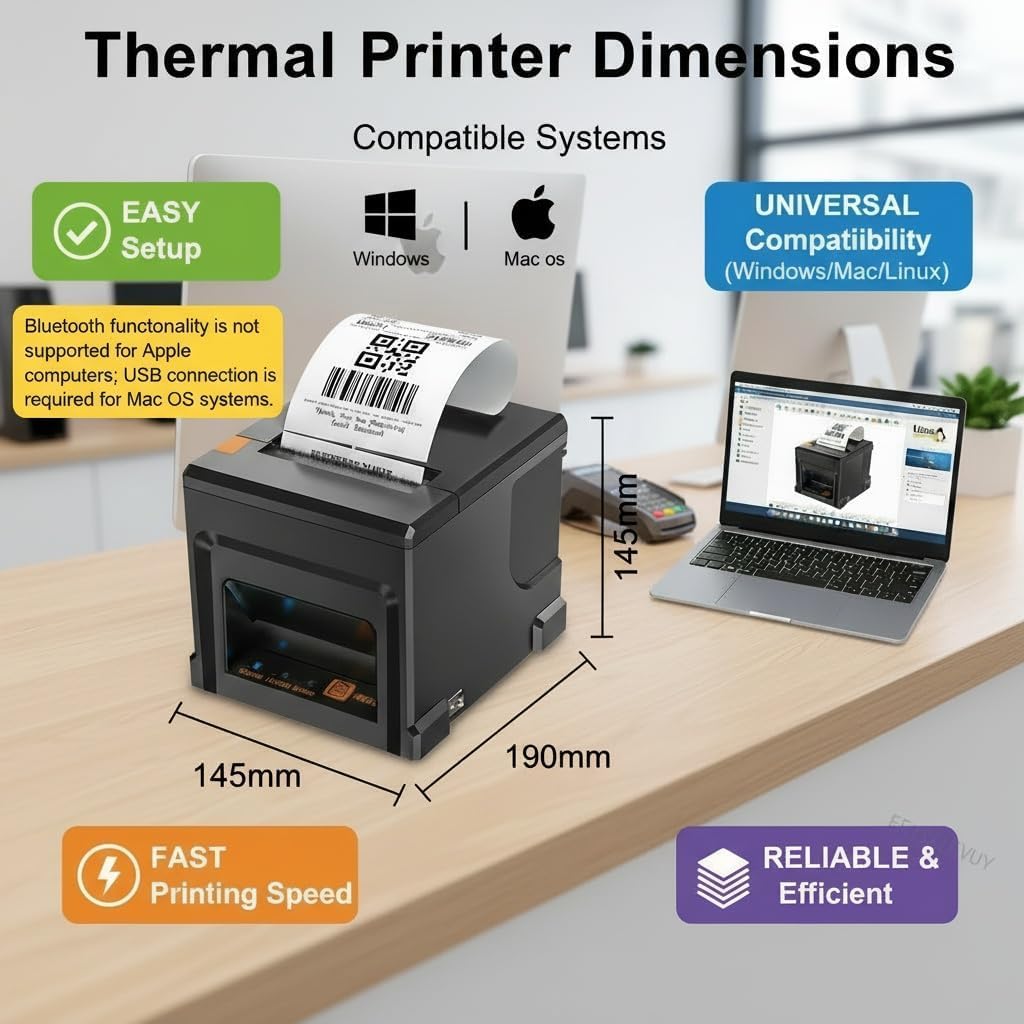 80mm POS Drucker mit 5 Rollen Papier und Bluetooth, Automatischer Cutter, 300mm/s für Windows PC, USB LAN