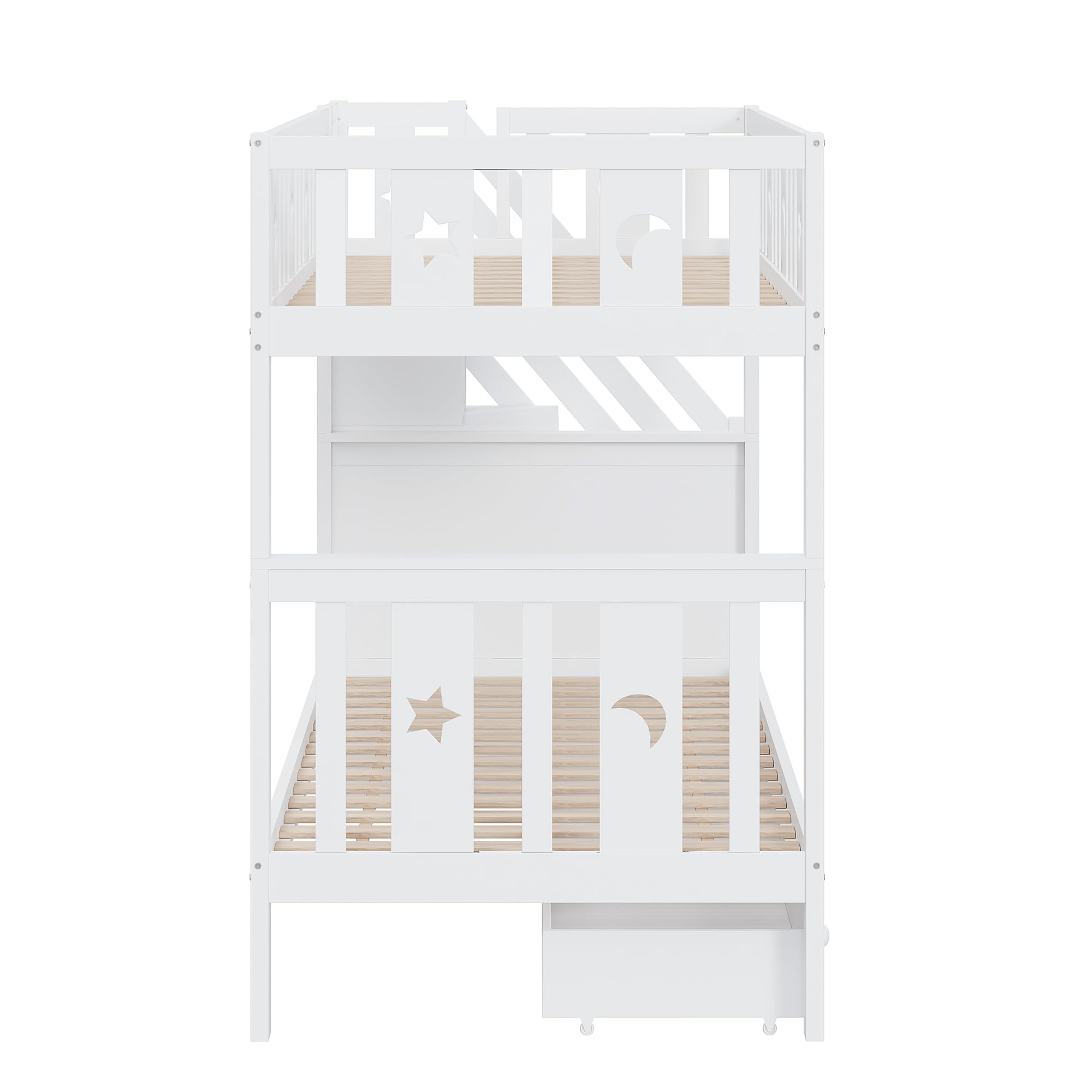 Moimhear Lettino per bambini, 90x200 cm, letto a castello in legno massiccio, con scala di sicurezza, scala con spazio di archiviazione, due grandi cassetti e rete a doghe, trasformabile in 2 piccoli