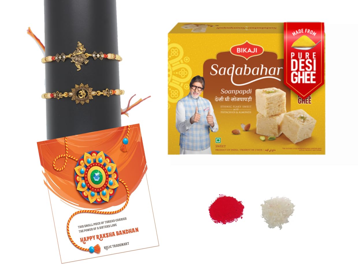 Relic Trademart, Dancing Ganesha - Om Rakhi Set of 2 with Sweetness of Bikaji Sadabahar Soan Papdi 200GM, Lovely greeting card and Roli chawal (B0CC4B447K) Amazon Price History, Amazon Price Tracker