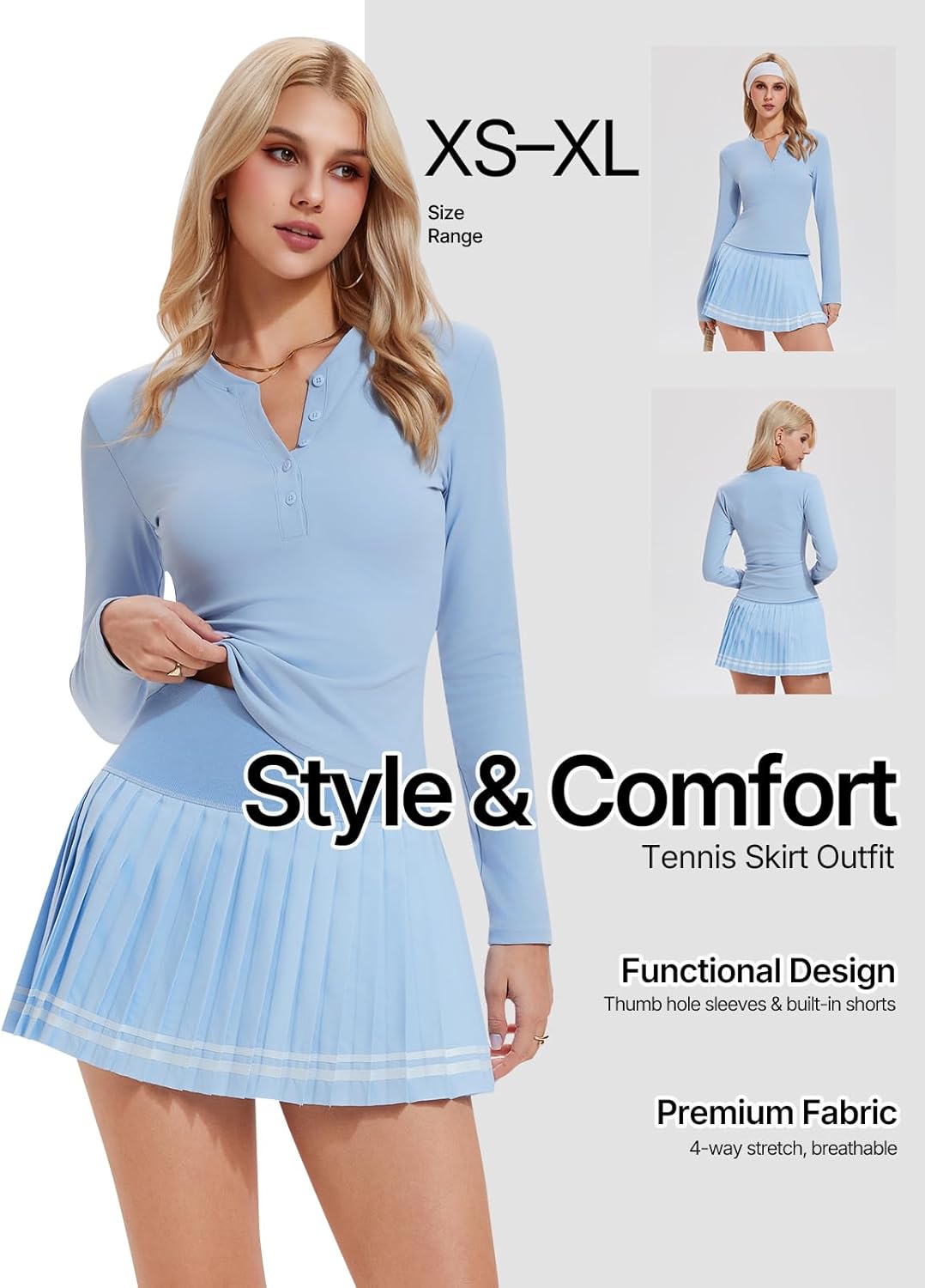 Women's Tennis Skirt Set 2 Piece Long Sleeve Henley & Pleated Skort - Pickleball Outfits, Athletic Dress Alternative - Image 2