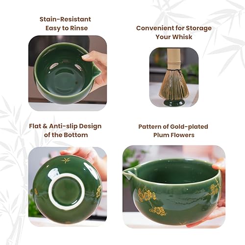Miniatura 5 de Juego de batidor de matcha, cuenco de cerámica con boquilla, batidor y soporte de matcha, cuchara y cuchara de bambú, soporte para cucharada, tamiz,