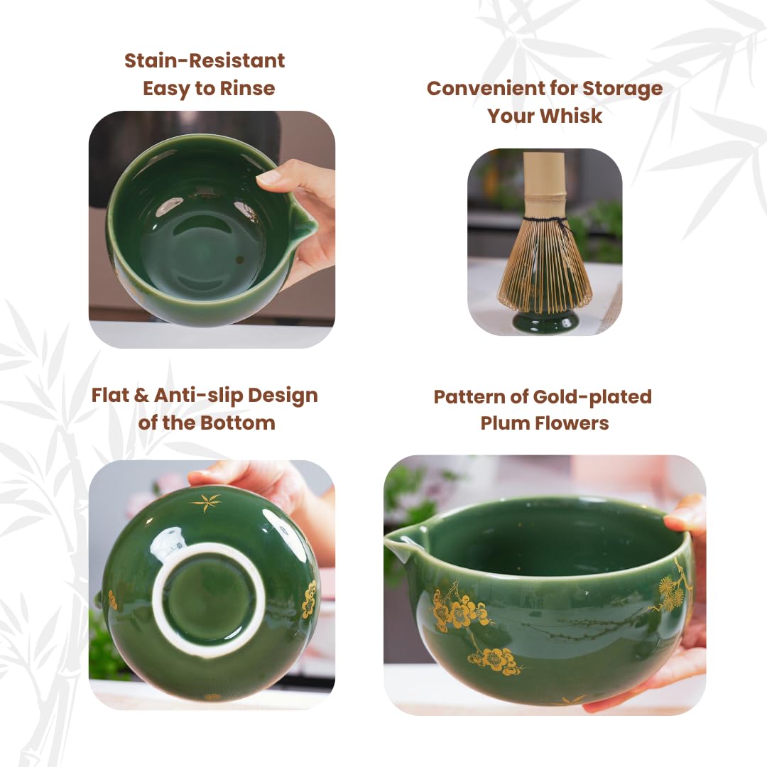 Juego de batidor de matcha, cuenco de cerámica con boquilla, batidor y soporte para matcha, cuchara y cuchara de bambú, soporte para cuchara, tamiz, toalla, kit completo de 8 piezas para