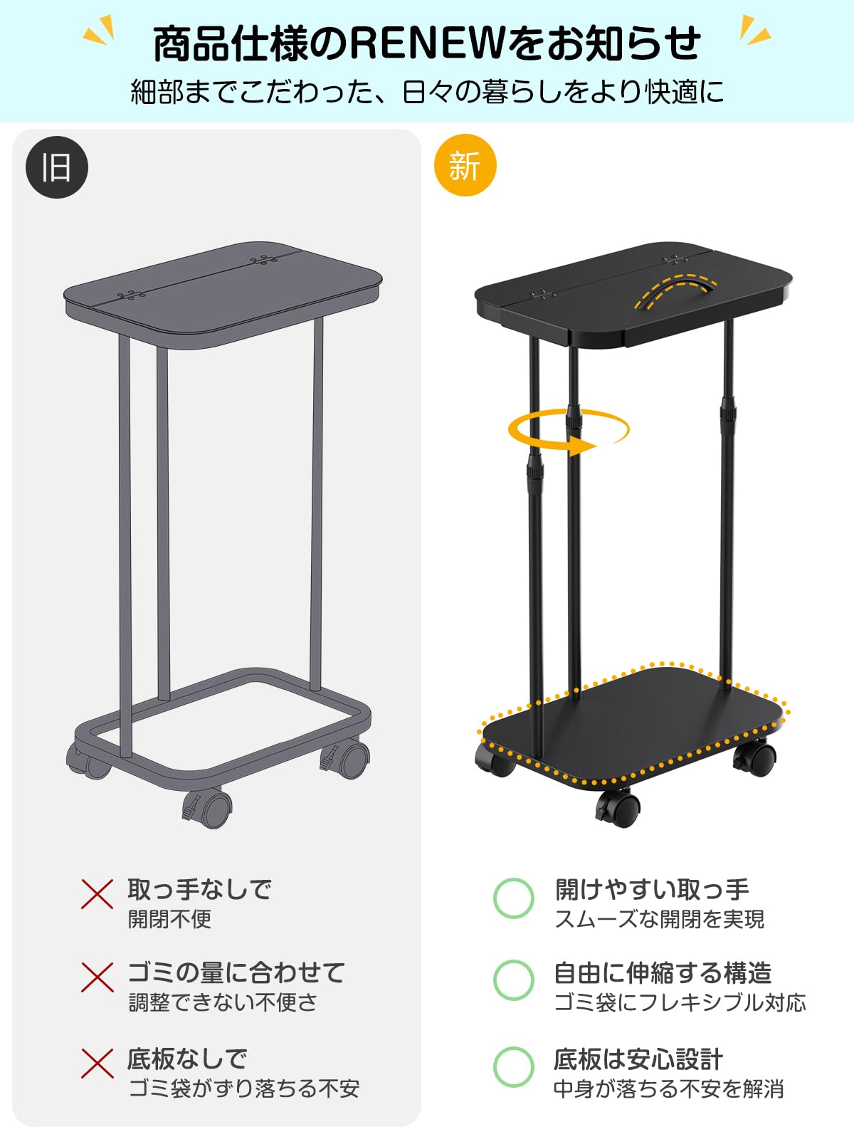 TTWO 横開きゴミ袋ホルダー ふた付き ゴミ箱 45l 高さ調整可 20L~90L袋対応 取っ手&底板付き 袋落ち防止 使いやすい キッチン 分別ゴミ箱 スリム ゴミ袋 生ゴミ スタンド ポリ袋ホルダー 蓋付き おしゃれ 簡易 ワイドな開口 ニオイ漏れ対策 キャスター/アジャスター付き オフィス リビング 洗面所 トイレ 屋外 (ブラック-横開き) - 3