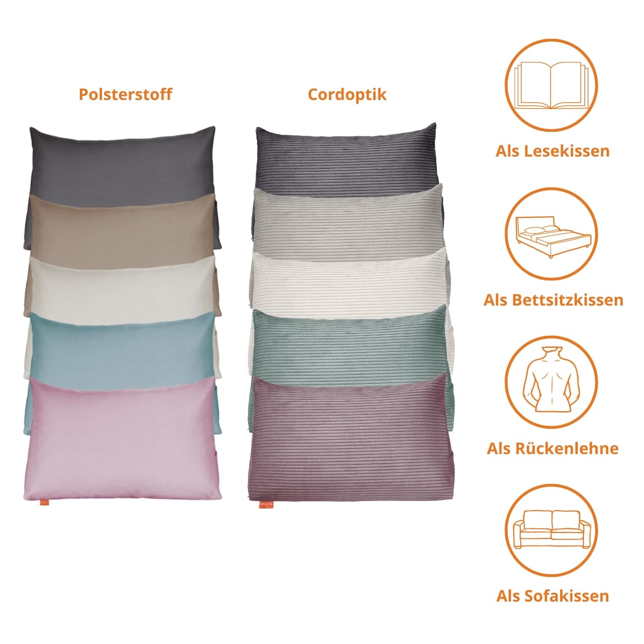 sleepling Rückenkissen Cord Optik, Keilkissen für Bett und Sofa, Lendenkissen, Lesekissen, Strandkissen, Kissen zum Lesen groß mit Seitenfach, Waschbarer Bezug, 70 cm breit, türkis