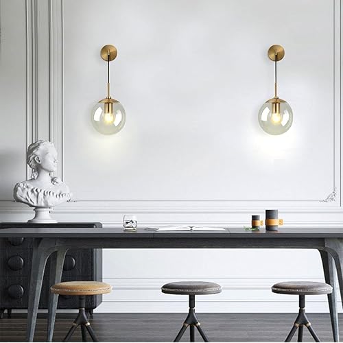 Miniatura 8 de KCO Juego de dos apliques de pared modernos de globo de vidrio, minimalistas, dorados, con cable ajustable, lámpara de lectura redonda de vidrio de